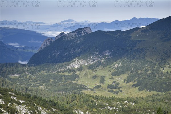 View from the Edelweißlahner to the horse-rider Alm high plateau with the alpine huts and the