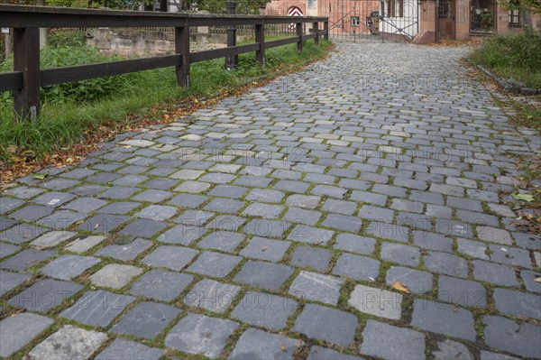 Paved road to Hallerschloss, Kirchenberg 11 and 13, Mögeldorf, Middle Franconia, Bavaria, Germany,