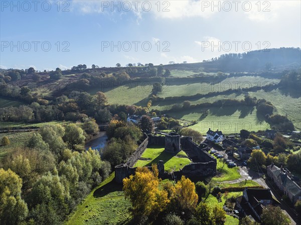 Skenfrith Castle from a drone, Monmouthshire, Wales, England, United Kingdom, Europe