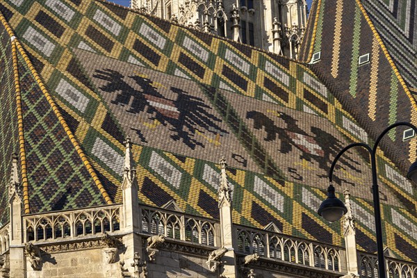 Coat of arms made of roof tiles on the roof of St Stephen's Cathedral in Vienna, Austria, Europe