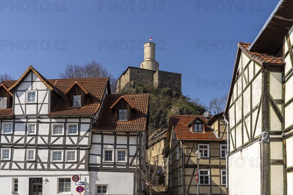 Half-timbered houses and the Felsburg castle in Felsberg, Schwalm-Eder district, Hesse, Germany,
