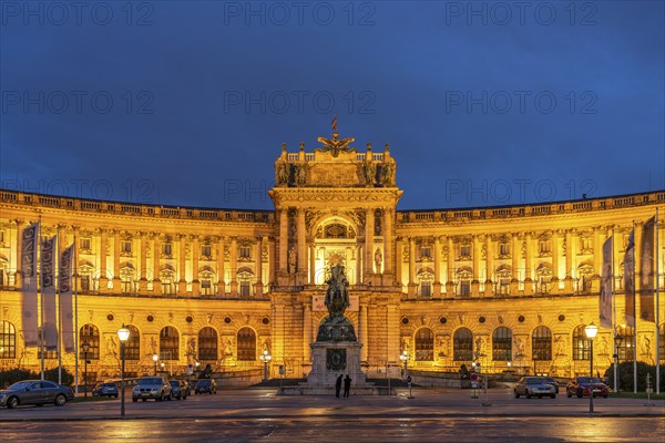 The Neue Burg, part of the Vienna Hofburg Imperial Palace at dusk, Vienna, Austria, Europe