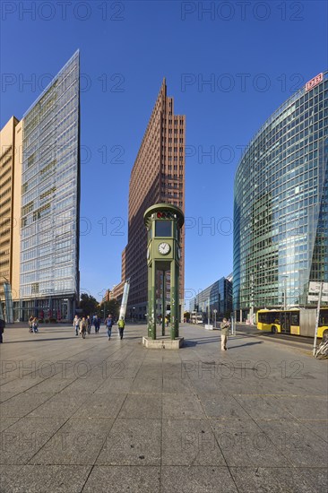 Replica and monument of the first traffic lights and skyscrapers Forum Tower, Kollhoff Tower and