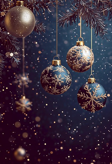 New Year's card, Christmas balls, golden snowflakes, on a blue background, vertical, no people, AI