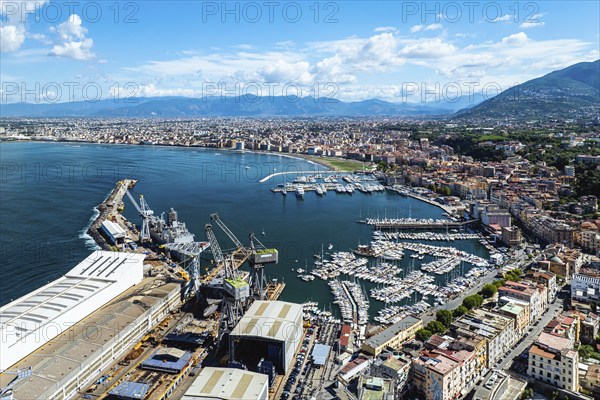 View of Castellammare di Stabia and Mount Vesuvius from a drone, Naples, Italy, Europe