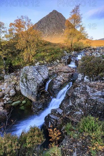 Wild river, waterfall, autumn colours, morning light, mountain landscape, cloudy mood, Buachaille