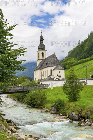 Parish church of St. Sebastian with Ramsauer Ache, rainy weather, fog, bridge, Ramsau,