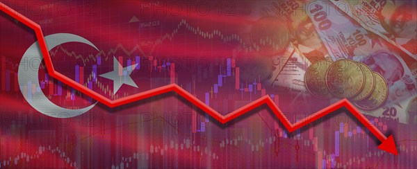 Turkey financial crisis on economic graph. Financial fall of Turkey on economy market