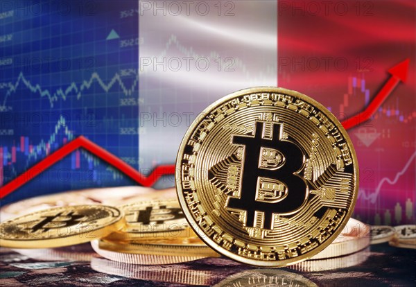 Bitcoin with France flag in the background. Bitcoin rising with France flag in the background
