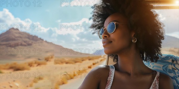 Young black woman travelling in a car on cross American travel trip, AI generated