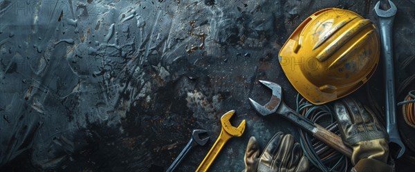 House improvement, construction and renovation concept. Repair tools and helmet in flat lay, AI