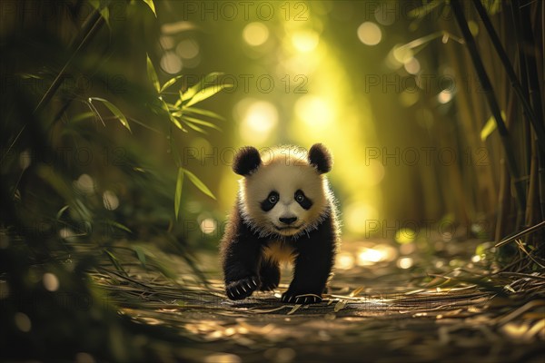 Cute panda cub in a lush bamboo grove, The image showcases the beauty and serenity of nature and