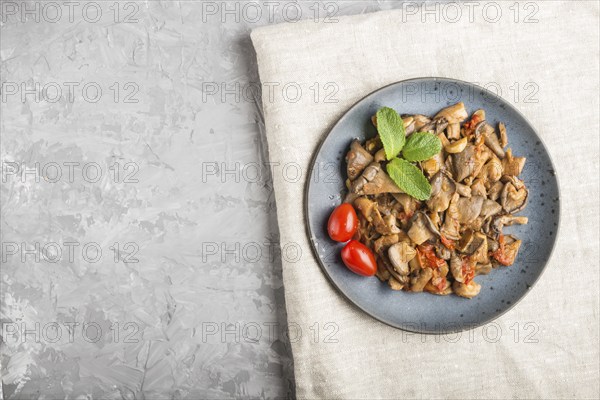 Fried oyster mushrooms with tomatoes on gray concrete background. Top view, copy space