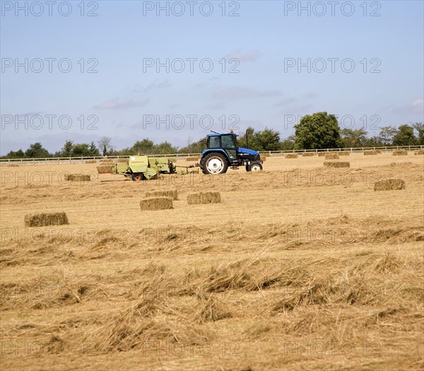 Tractor harvesting hay in field, Hollesley, Sufolk, England, United Kingdom, Europe