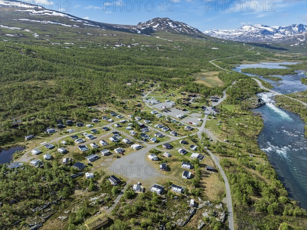 Aerial view of Besseggen Fjellpark Maurvangen Campsite, river Sjoa, Jotunheimen, Norway, Europe