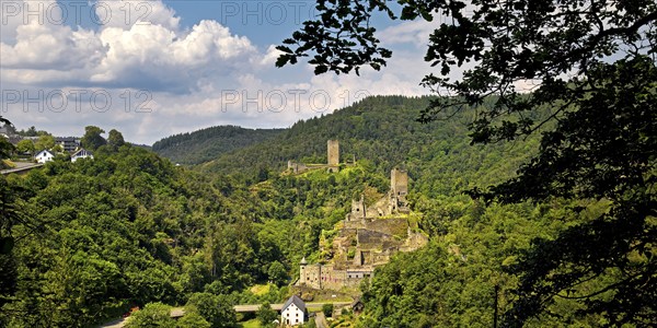 Panoramic view of the two castles, Oberburg and Niederburg of Manderscheid, Southern Eifel, Eifel,