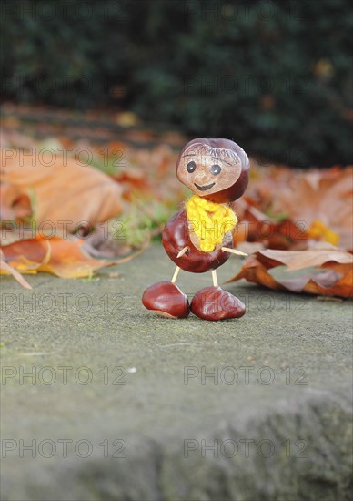 Funny chestnut figure with yellow scarf on a wall in autumn leaves, North Rhine-Westphalia,