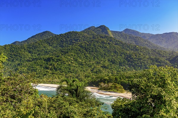 Beautiful Bonete Beach on the island of Ilhabela hidden between the sea and rainforest, Bonete