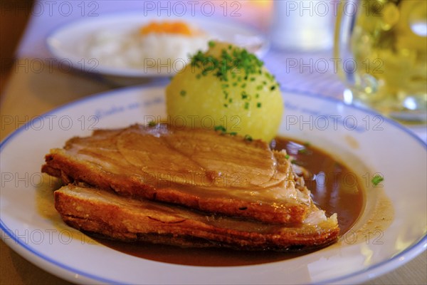 Roast pork, with potato dumplings, food, Reutberg, Upper Bavaria. Bavaria, Germany, Europe