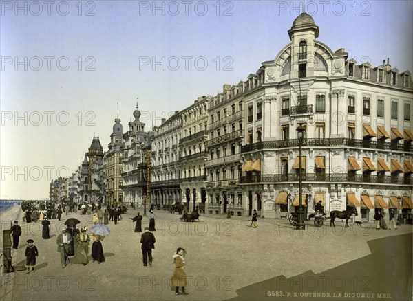 The dyke, beach promenade and Kursaal in Ostend, Belgium, ca 1895, Historical, digitally restored
