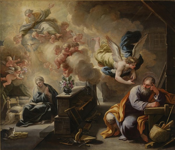 The Dream of St. Joseph (1700), painting by Luca Giordano (Italian, 1634-1705), historically,