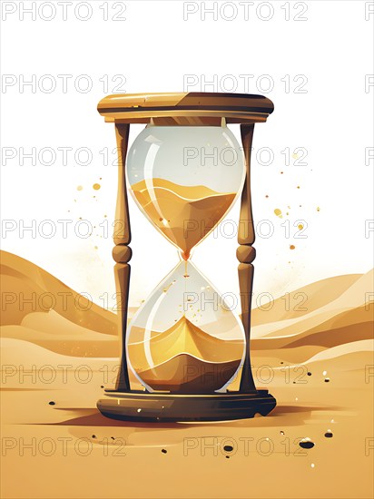 Minimalist hourglass illustration with abstract golden sand falling slowly, representing the