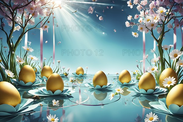 Surreal Easter scene with floating eggs, ribbons, and flowers in a dreamlike, whimsical composition