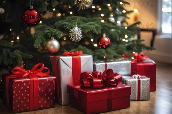 Beautiful wrapped Christmas gifts with shiny ribbons and bows stacked under a evergreen tree in a