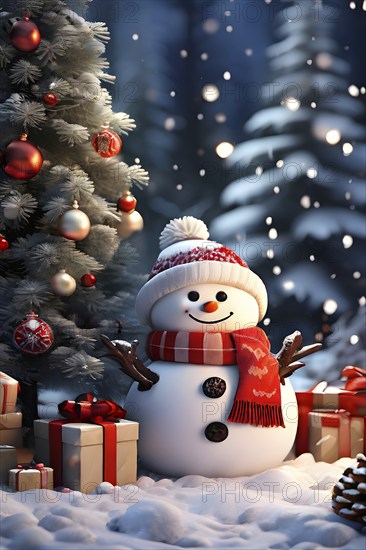 Peaceful and serene Christmas scene with a decorated Christmas tree with gifts presents and a cute