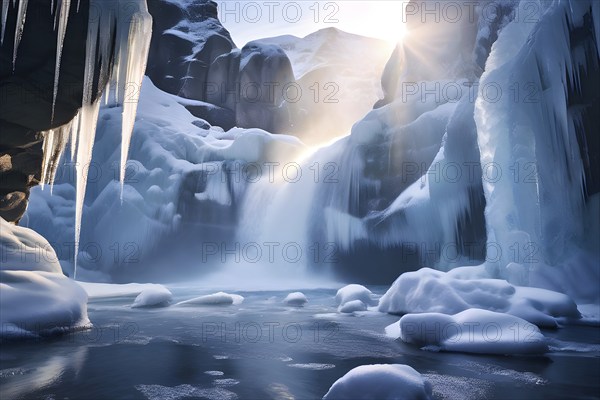 Winter landscape of a frozen waterfall, surrounded by icicles and snow-covered rocks, with the