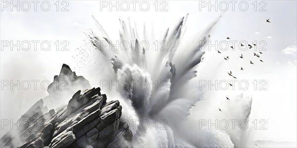 Rock stone explosion on a white background with cascading dust, AI generated