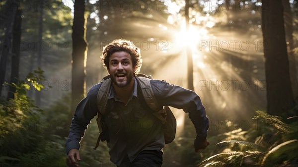 Man caught in a streak of urgency darting through an upland forest at the first light of dawn, AI