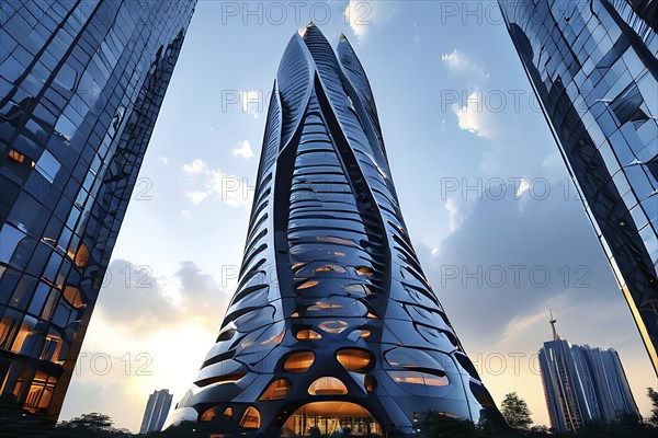 Futuristic skyscraper with termite mounds for natural ventilation and energy efficiency, AI