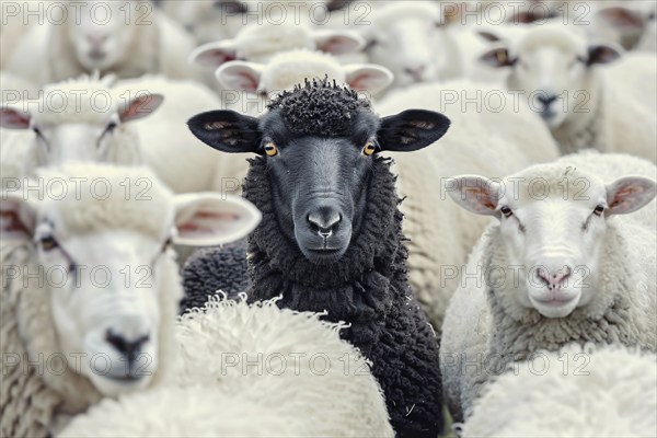 Close up of single black sheep between flock of white sheep. Generative Ai, AI generated