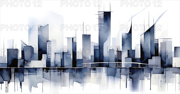 Modern city skyline using clean lines and geometric forms, with rectangular buildings and smooth,