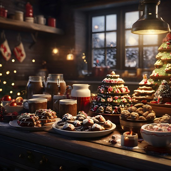 Kitchen counter filled with Christmas cookies, gingerbread houses, and mugs of hot chocolate, with
