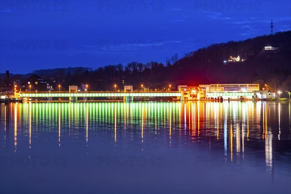 Lake Baldeney, illuminated weir, with lock, left and hydroelectric power plant power station,