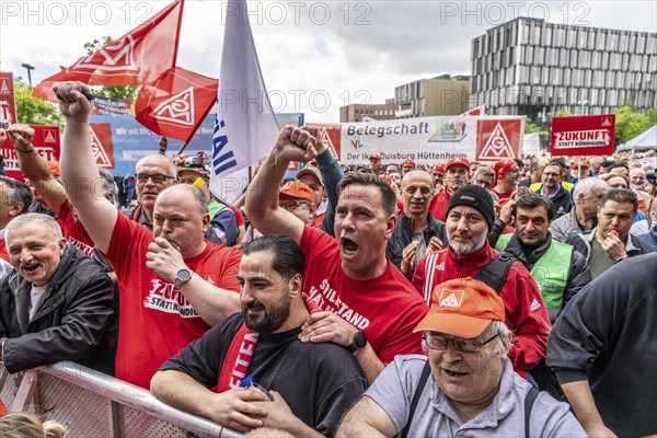 Demonstration by many thousands of steelworkers in front of the ThyssenKrupp headquarters in Essen