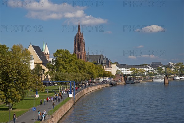 Bank of the Main, Eisener Steg and St Bartholomew's Cathedral, Frankfurt am Main, Hesse, Germany,