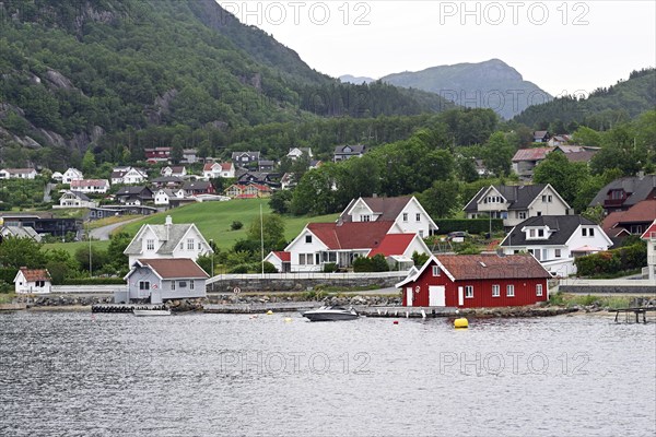 View of Lysefjord and Forsand village, Norway, Europe