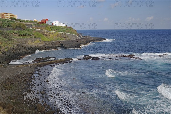 The coastline with gentle waves, houses and rocky surroundings, San Andres, La Palma, Canary