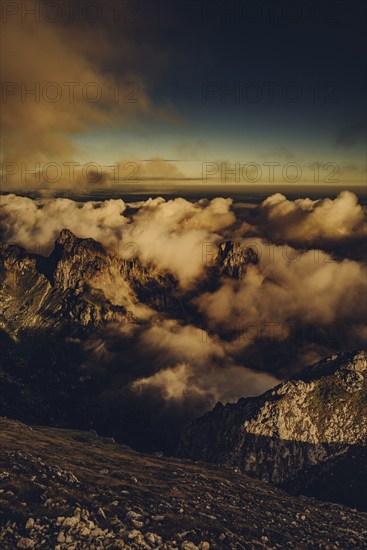 Sunrise hike on the Hochplatte in the Ammergau Alps, Ammergebirge in the Allgäu, Bavaria, Germany,