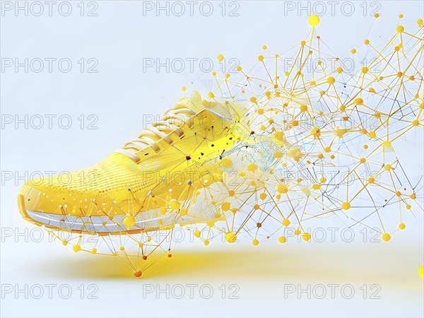 Running shoe, breaking into pixels and data points, morphing into a network of neural nodes, AI