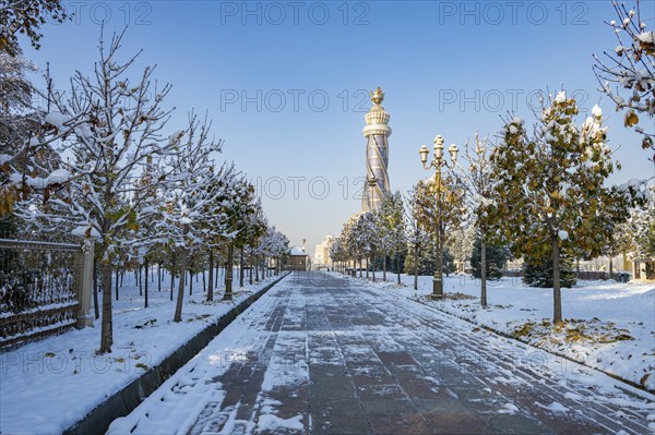 Winter park with Istiklol Tower, Independence and Freedom Tower, Dushanbe, Tajikistan, Central