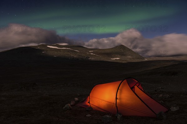 Tent in mountain landscape, Sarek National Park, World Heritage Laponia, Norrbotten, Lapland,