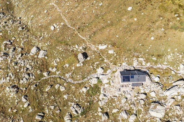 Aerial view of mountain hut Binntal, Binntal cabin, Valais, Switzerland, Europe