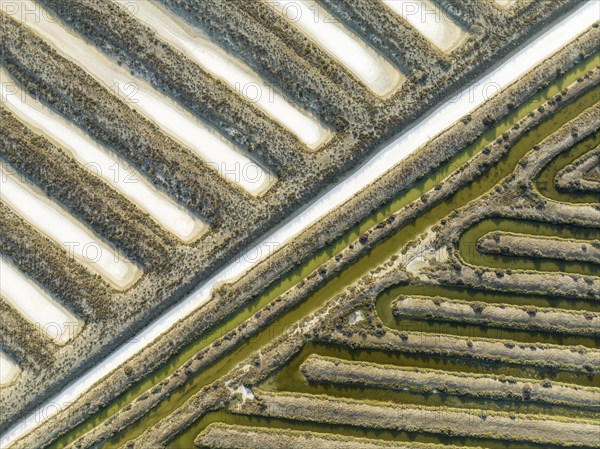 Saline ponds at the salt works near Chiclana de la Frontera. Aerial view. Drone shot. Cádiz
