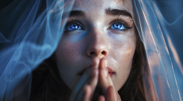 Christian praying in church for Jesus Christ. Spiritual Extasy and religious devotion concept, AI