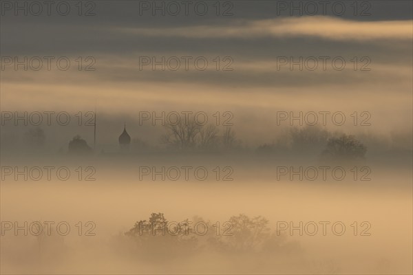 Foggy mood, fog, morning light, backlight, church tower, autumn, Loisach-Lake Kochel moor, view of