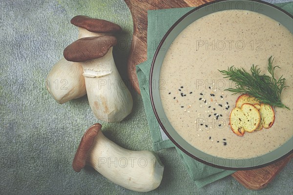 Mushroom cream soup, with dill and bruschetta, mushroom eringi